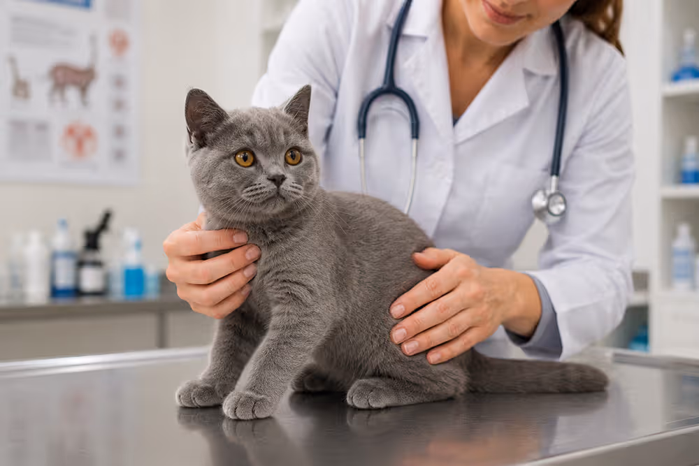 Chaton British Shorthair de 6 mois lors d’un examen vétérinaire